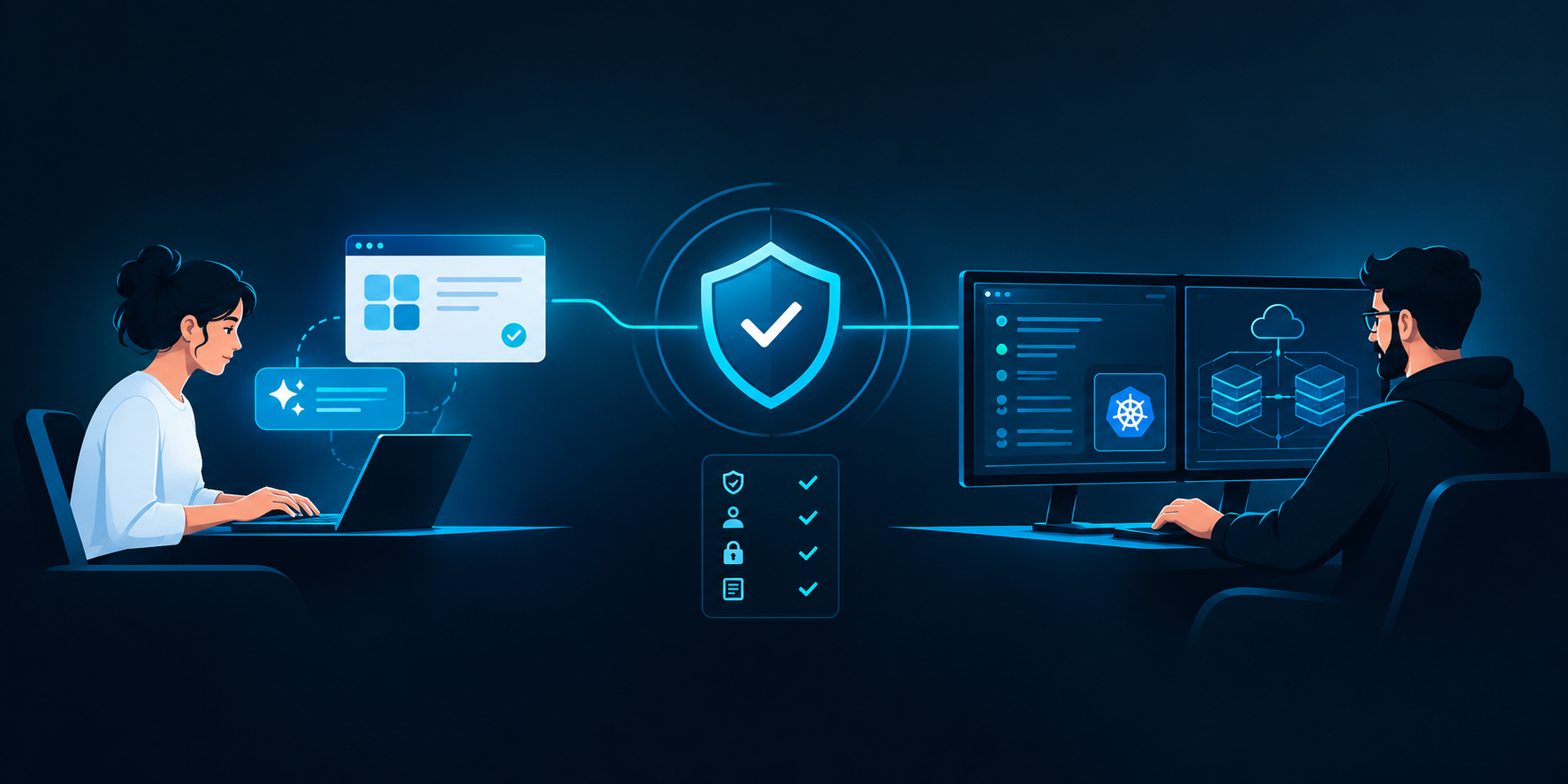 Workflow-Diagramm: Ein Citizen Developer baut eine App mit AI, sie durchläuft einen kontrollierten Sicherheits-Checkpoint und läuft dann auf einer Kubernetes-Plattform, die ein Engineer betreibt