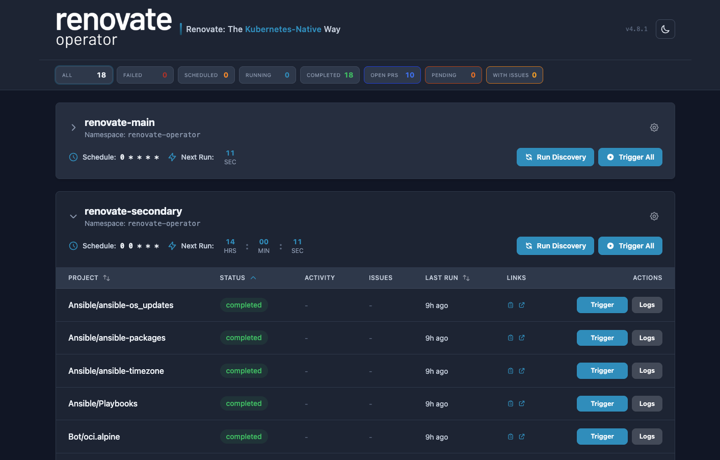 Renovate Operator Web UI showing discovered projects and job status