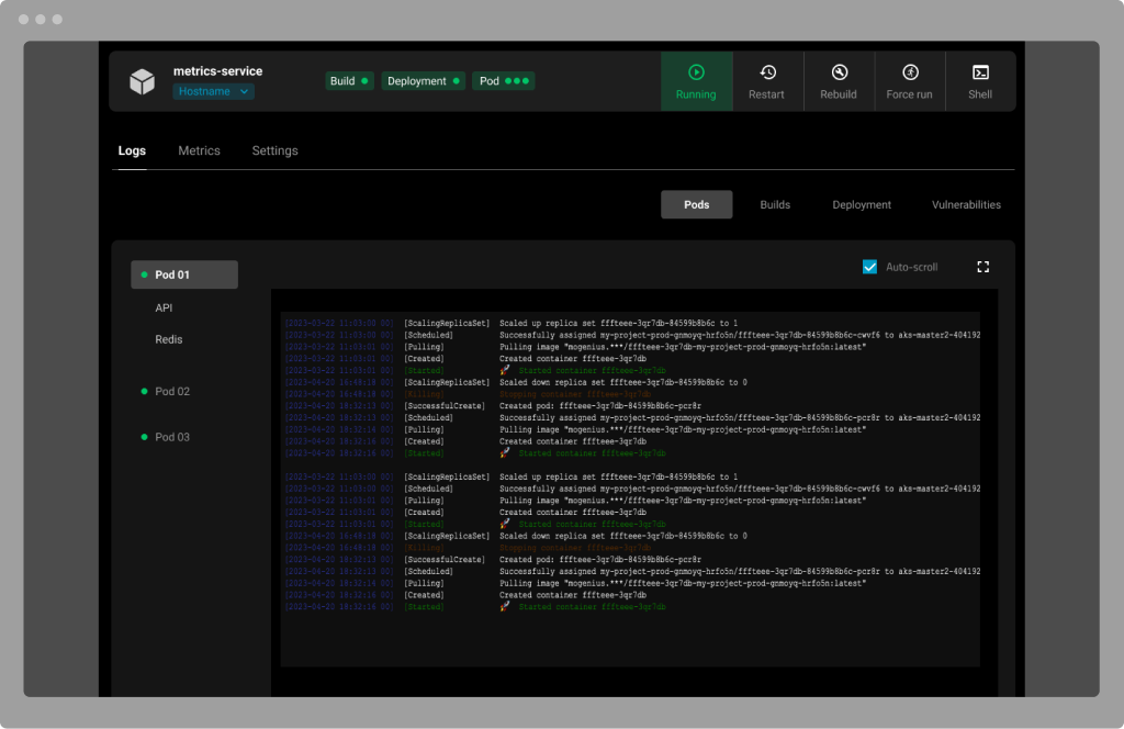 Service elements displaying success or failure status with detailed logs for each stage of the pipeline.
